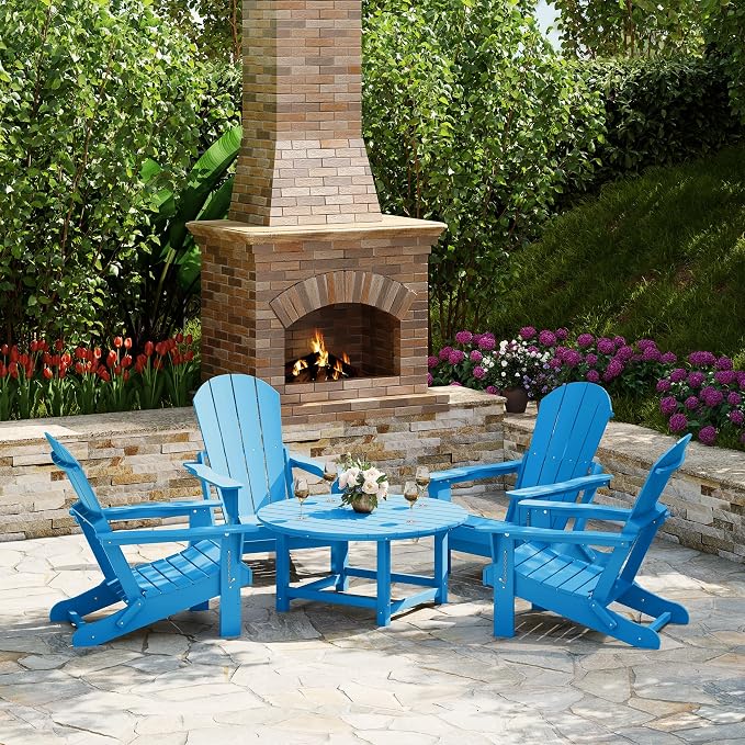Costaelm Patio Conversation Set, 5 piece Balcony Furniture, Small Patio Firepit Furniture Outdoor Adirondack Round Coffee Table and Chair for Backyard Lawn Porch Pool Garden, Pacific Blue