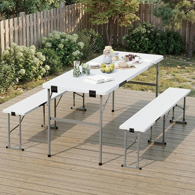 Polar Aurora Picnic Table Set with 2 Benches, 6 Feet Folding Camping Table Chair Set, Portable 3-Piece Outdoor Furniture with Wood Grain Top for Party, Picnic, Camping, Wedding (White)