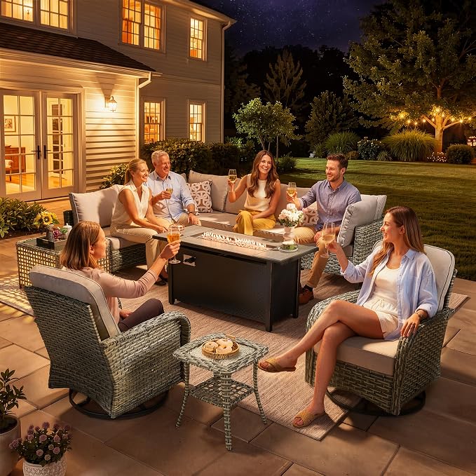 CAODOC 11-Piece Outdoor Sectional Sofa Set w/ 54" Fire Pit – L-Shaped Wicker Patio Furniture, Deep Seating & Swivel Rockers,Beige