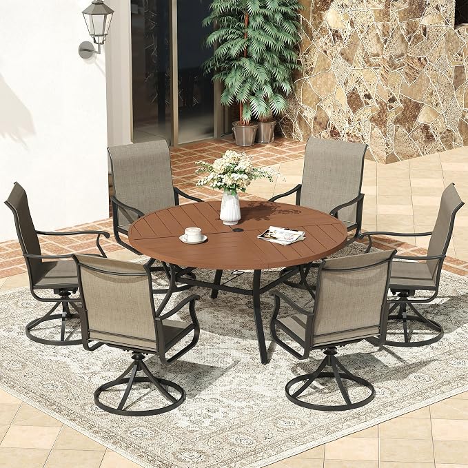 VICLLAX 53" Round Patio Dining Table for 6-8, All Weather Metal Outdoor Table with 1.57" Umbrella Hole and Surdy Frame for Garden Lawn Deck, Walnut