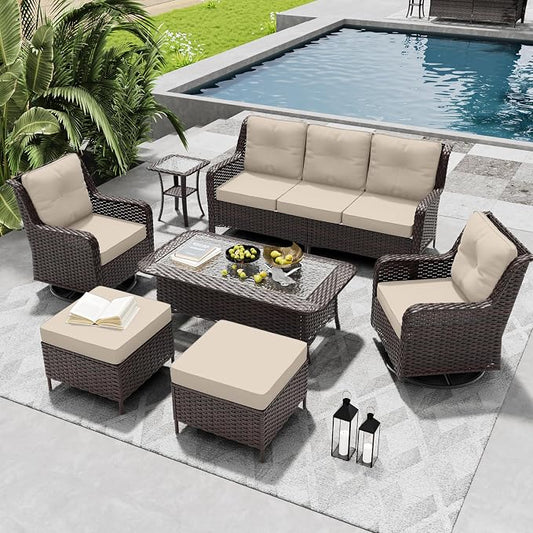 ALAULM 7 Pieces Patio Furniture Set,High Back Wicker Outdoor Sectional Furniture Set with Swivel Chairs & Coffee Table, Patio Conversation Set Thick Cushion for Backyard, Deck, Porch-Sand