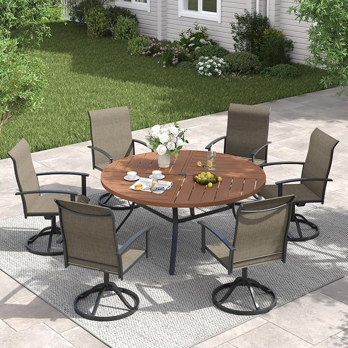 VICLLAX Outdoor Table and Chairs Set of 6, Metal Patio Dining Set-50.1" Round Dining Table and 6 Swivel Chairs for Deck, Lawn and Garden, Walnut Table and Mixed Brown Chairs
