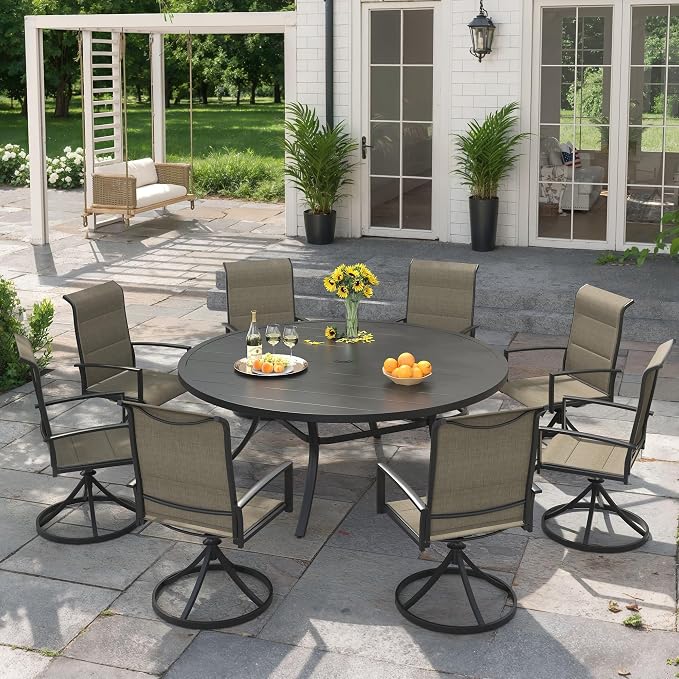 VICLLAX 53" Round Patio Dining Table for 6-8, Metal Outdoor Dining Table with Umbrella Hole for Garden, Patio, Balcony, Black