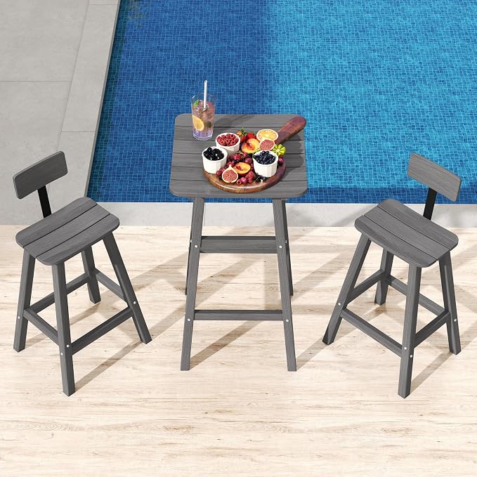 3-Piece Outdoor Counter Height Bar Table Set, 42" Pub & Bistro Table with 2 Stools, HDPE Weather Resistant for Patio/Backyard/Garden/Poolside, Grey