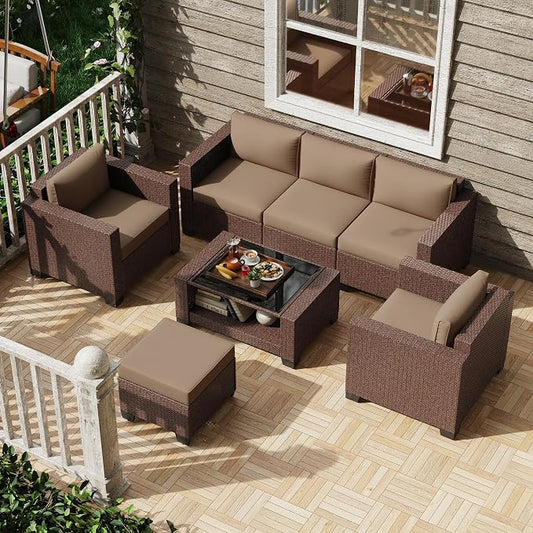 KIGOTY Patio Furniture Set 7 PCS Patio Conversation Sets, All-Weather PE Rattan Outdoor Sectional Sofa with Cushion and 2- Tier Glass Coffee Table（Brown/Camel）