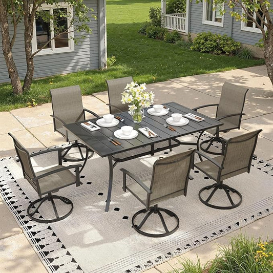 7 Pieces Patio Dining Set, Outdoor Furniture of 59.2" Rectangular Patio Table and Patio Swivel Chairs for Backyard Lawn Garden, Black Table and Mixed Brown Chairs