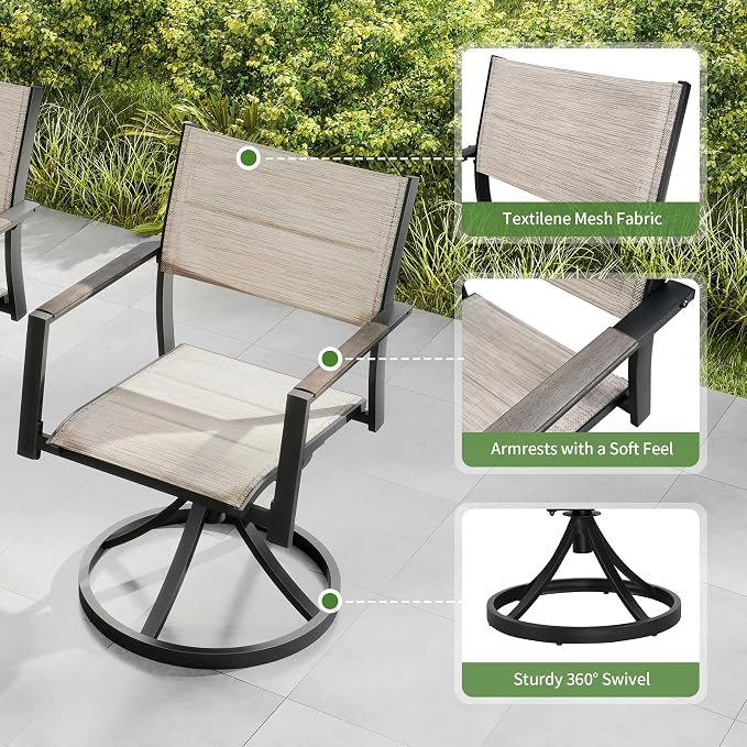 Patio Swivel Chairs Set of 2, Outdoor Swivel Rocker Dining Chair, Outdoor Dining Chair, All Weather Patio Chair with Textilene & Aluminium Frame for Outdoor Poolside Lawn Garden, Grey Armrest
