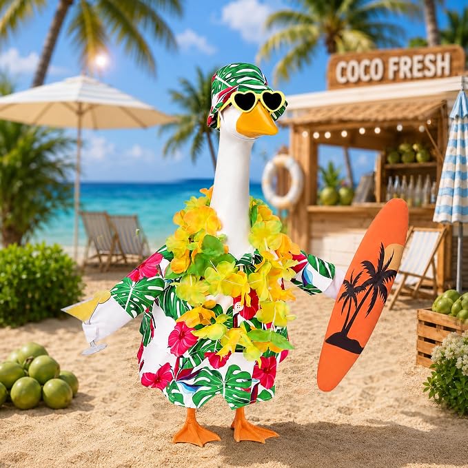 Porch Goose Hawaiian Outfit with Hat, Sunglasses & Lei, Summer Yard Decor | Fits 23 Inch Goose, Includes Tropical Shirt, Drink, Surfboard & Lei,Summer Goose Outfit for Pool Party, Lawn Garden Decor