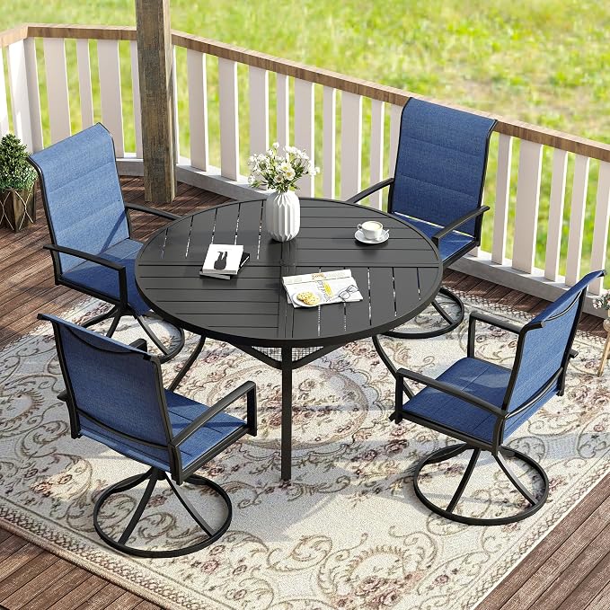 VICLLAX Patio Dining Set for 4, 4 Seats Outdoor Furniture Includes 40.7" Round Patio Table and Swivel Padded Chairs, Black Tabletop and Blue Fabric