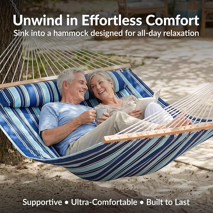 Sunnydaze Quilted Double Hammock with Stand for Outside - 440 lb Capacity Universal Black Steel Stand - UV Resistant, Quick Dry Fabric - Pillow, Chains, and Hardware Included - Catalina Beach