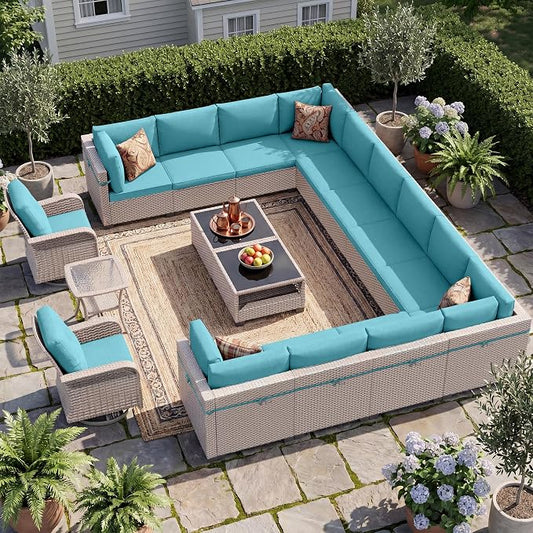 Patio Furniture Set, 17-Piece Outdoor Sectional Sofa with Swivel Rocker Chairs & 2-Layer Glass Coffee Table, Wicker Patio Conversation Set with Cyan Cushions