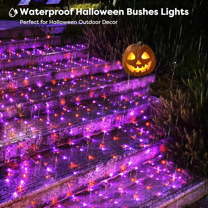BlcTec Halloween Lights Outdoor 360 LED 9.8ft x 6.6 Orange Purple Halloween Mesh Lights with 8 Modes, Timer, Connectable, Waterproof and Green Wire Design for Lawn, Bushes Outdoor Holiday Decorations