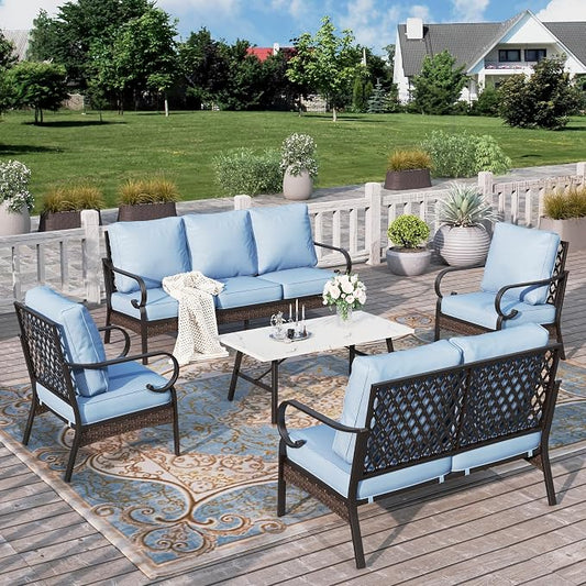 HERA'S HOUSE 5 Piece Metal Patio Furniture Set, 7 Seats All Weather Outdoor Conversation Set, 3 Seat Sofa with Loveseat, 2 Fixed Chairs, Coffee Table for Backyard, Garden, Deck, Blue