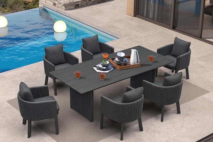 PURPLE LEAF Luxury 7-Piece Outdoor Dining Set for 6 Powder-Coated Aluminum Patio Table and Handwoven Olefin Rope Chairs with Cushions Modern Weather-Resistant Patio Furniture Carbon Slate Color