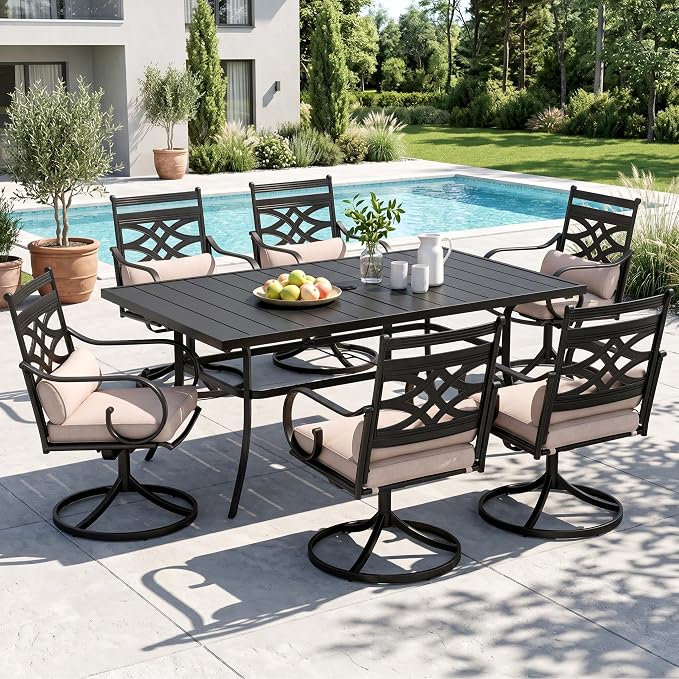 Sophia & William Patio Dining Set, Steel, Black | Umbrella Hole, Swivel Chairs, E-Coated, Cushions Included, For Patio, Garden and Yard