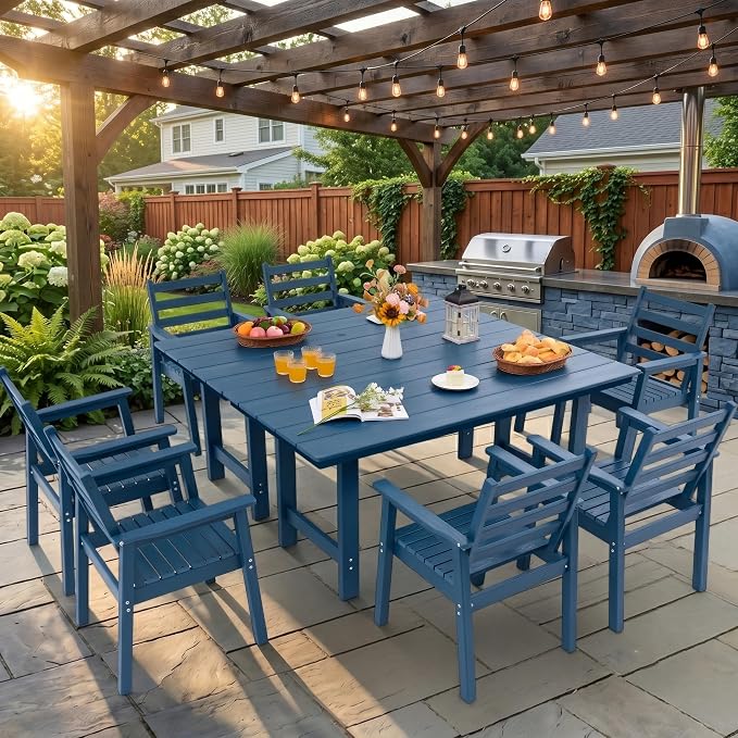 10-Piece Outdoor Dining Set, All-Weather HDPE Patio Furniture, Two 66.5" Slatted Table with 1.6" Umbrella Hole & 8 Ergonomic Armchairs, Heavy Duty 350lbs Capacity, UV Resistant, Blue