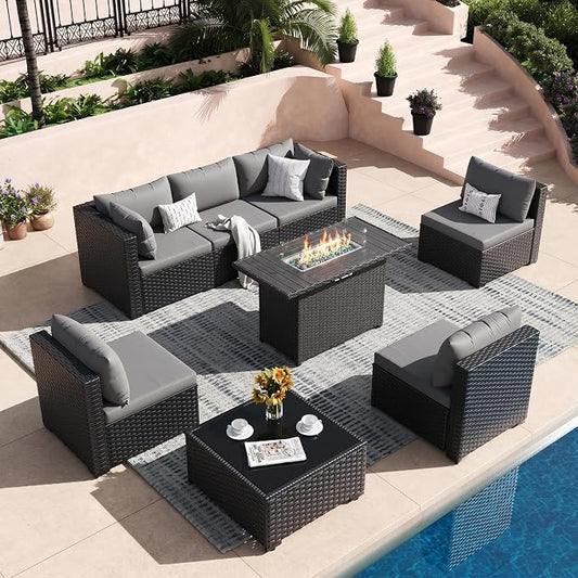8 Piece Patio Furniture Set with 43" Fire Pit Table, Outdoor Sectional Wicker Sofa Set with Coffee Table (Grey/Black)