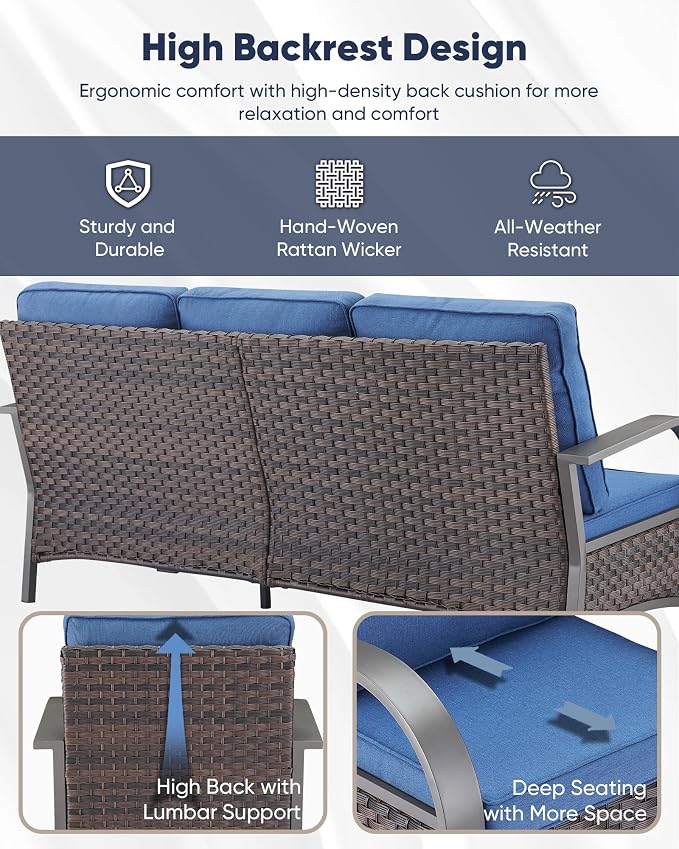 HUMMUH Outdoor Patio Furniture Set with Fire Pit-PE Wicker Patio Chairs Set of 2 with Rattan Sofa Patio Conversation Set for Deck Porch Garden Poolside Backyard-Brown/Blue
