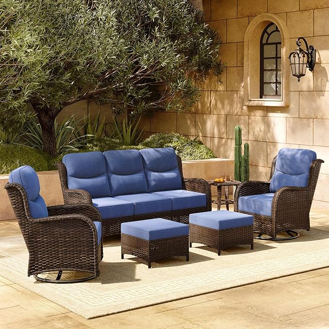 HILLGA 6-Piece Luxury Patio Furniture Set with 6" Thick Cushions, Weather-Resistant Wicker High Back Swivel Rocker Chairs, Senior-Friendly Outdoor Sofa Set for Large Deck, Yard and Poolside, Blue(V2)