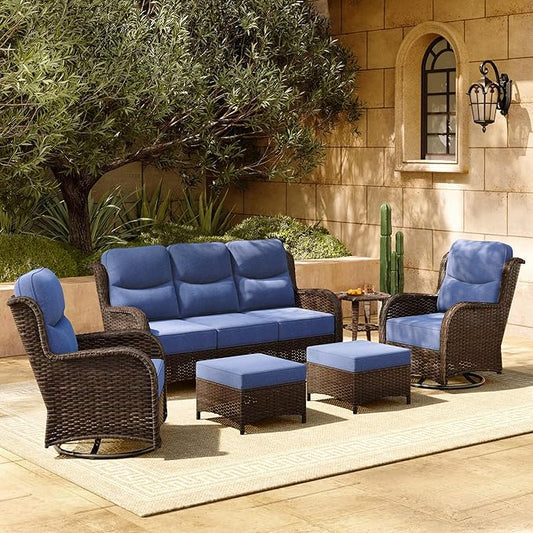 HILLGA 6-Piece Luxury Patio Furniture Set with 6" Thick Cushions, Weather-Resistant Wicker High Back Swivel Rocker Chairs, Senior-Friendly Outdoor Sofa Set for Large Deck, Yard and Poolside, Blue(V2)