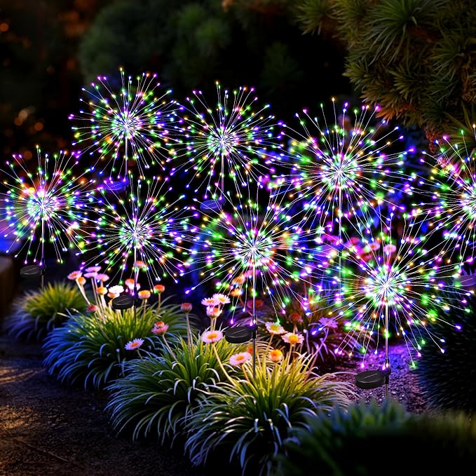 8Pack Solar Lights Outdoor, Multicolor Firework Lights | 120LED Fireworks Lights Solar Powered, Waterproof Fairy Garden Lights Decor Outside for Yard Pathway Lawn Patio
