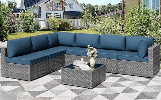 Shintenchi 7 Pieces Outdoor Patio Furniture Sets, Patio Sectional Sofa Couch, Gray PE Wicker Furniture Modular Patio Conversation Sets Patio Sofa with Washable Cushions, Aegean Blue