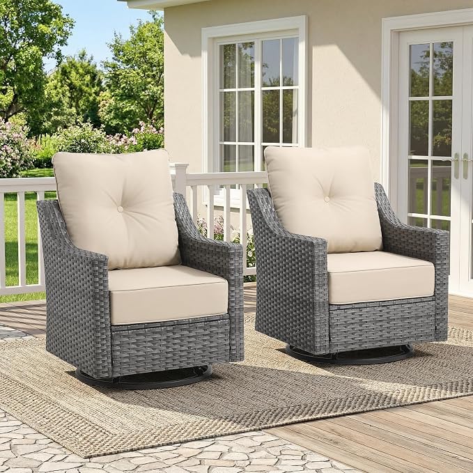 2-Piece Outdoor Patio Furniture Set, Grey Wicker Conversation Set with 2 Swivel Chairs, 6-Inch Beige Olefin Cushions for Porch, Deck, Balcony