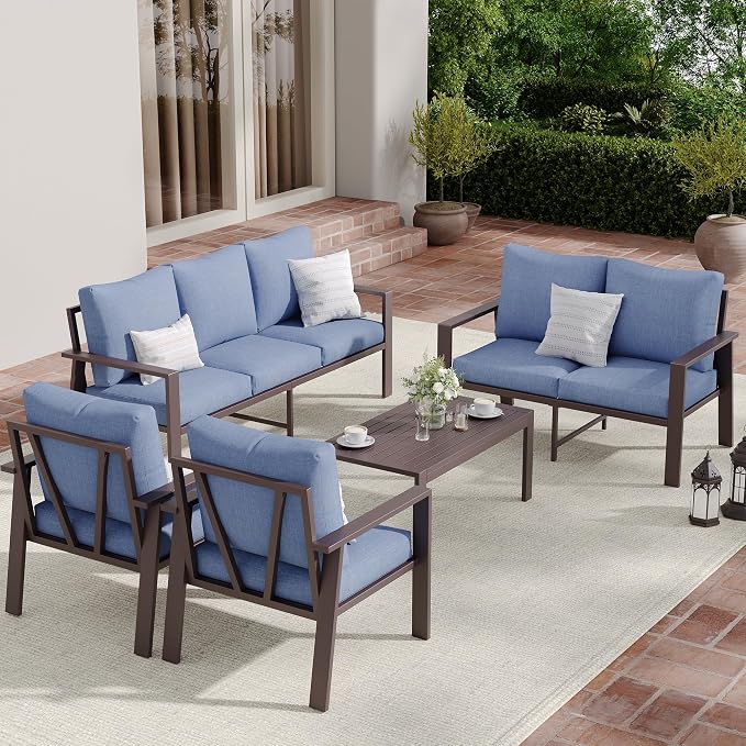 Aluminum Patio Furniture Set 5 Pieces Modern Patio Conversation Sets for Porch, Deck, Garden, 7-Seat Outdoor Furniture Metal Sofa Set with 4" Water-Resistant Cushion & Coffee Table,Navy