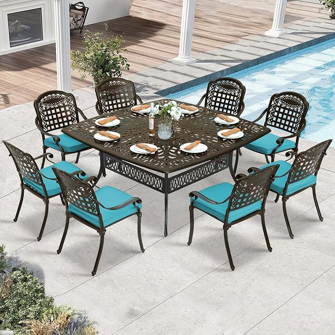 9 Piece Outdoor Patio Dining Set for 8, Cast Aluminium Large Square Dining Table & 8 Cushioned Stackable Chairs, Umbrella Hole, Patio Furniture Set for Garden Porch Poolside, Ocean Blue