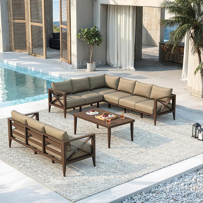 Patio Sectional Sofa Set 9 Seat Outdoor Conversation Set with Cushions, Aluminum Patio Furniture for Backyard Deck Garden Seating