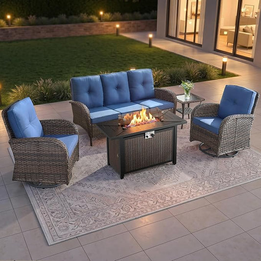 5 Piece Patio Furniture Set with Fire Pit Table - Wicker Patio Conversation Set with Swivel Glider, 3-Seat Sofa, Tempered Glass Side Table for Deck Backyard - Brown Wicker Blue Cushion