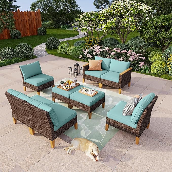 PHI VILLA 8-Piece Wicker Furniture Set, Rattan Patio Conversation Set Outdoor Sectional for 8 Seats with 4 x Armless Sofa, 2 x Armrest Chair and 2 x Ottoman, Aqua Blue