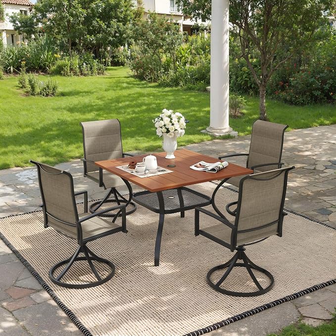 VICLLAX 5 Pieces Outdoor Dining Set, Patio Furniture Set Includes 38" Square Metal Table W/ 1.9" Umbrella Hole and 4 Padded Textilene Swivel Chairs for Porch, Lawn, Garden, Backyard