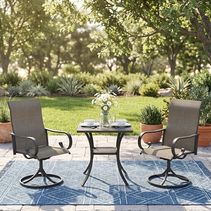 3 Pieces Patio Dining Set, 2 Outdoor Swivel Dining Chairs with 28" Square Outdoor Dining Table, All Weather Textilene Patio Chairs and Metal Table for Garden Backyard, Mixed Brown & Black