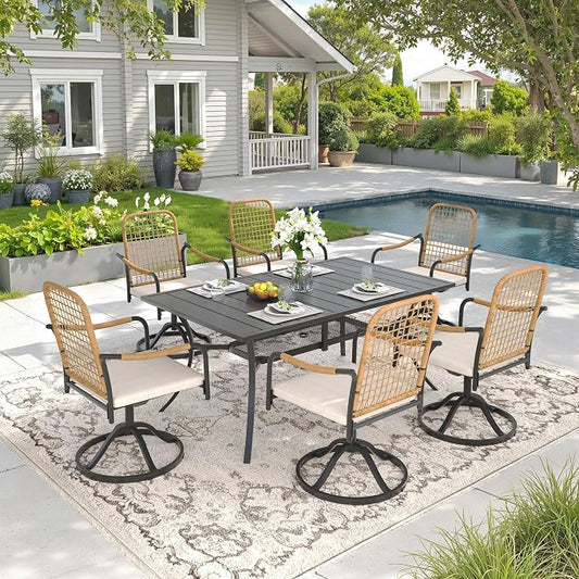 DIFY 7 Pieces Outdoor Dining Set, Metal Patio Table and Chairs Set for 6, 59.2" Rectangle Dining Table with Umbrella Hole & Wicker Swivel Patio Chairs with Cushions, Black Tabletop