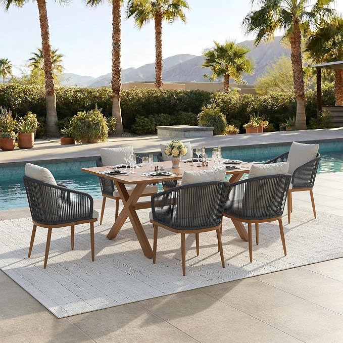 7-Piece Patio Dining Table Sets, Woven Wicker Dining Set with Rectangular Aluminum Table and Dining Chairs Modern Outdoor Dining Furniture Set for Outdoors and Indoors