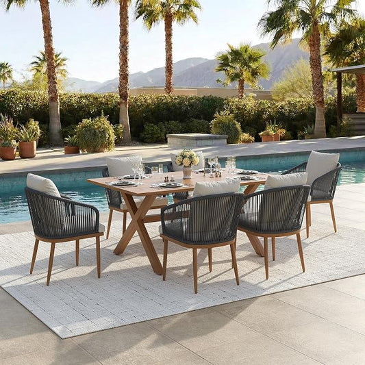 7-Piece Patio Dining Table Sets, Woven Wicker Dining Set with Rectangular Aluminum Table and Dining Chairs Modern Outdoor Dining Furniture Set for Outdoors and Indoors