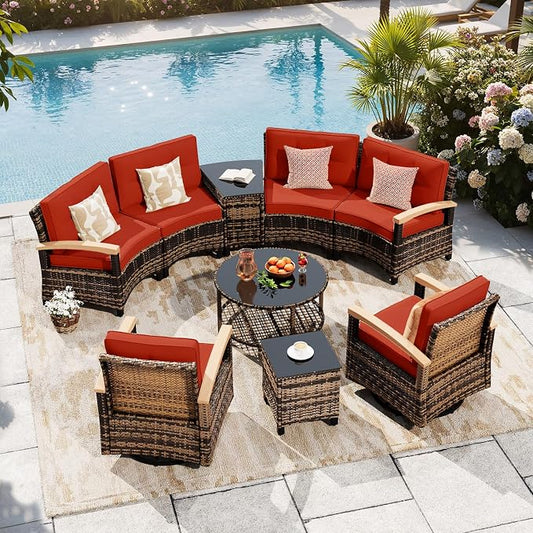 MEISSALIVVE 9-Piece Half-Moon Curved Outdoor Patio Furniture Set, Sectional Conversation Sofa with 2 Swivel Glider Chairs, Coffee & Side Tables for Backyard Deck Garden, Red