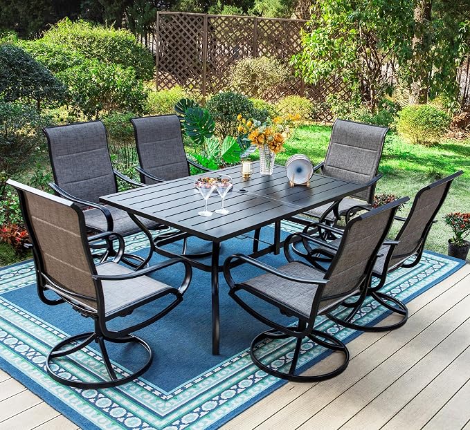 PHI VILLA Patio Dining Set 7 Piece, Outdoor Table and Chairs Set with 6 Padded Textilene Swivel Patio Chair & 60" x 38" Large Rectangular Metal Dining Table(1.57" Umbrella Hole)