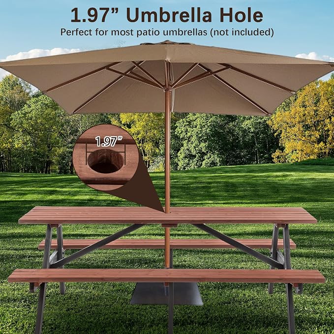Brown 75" Rectangular Picnic Table for Outdoors,8 Person Wooden Picnic Tables,Outdoor Camping Dining Tables with 2 Seats DIY with 2 Built-in Benches for Garden Courtyard BBQ,2220lb Capacity