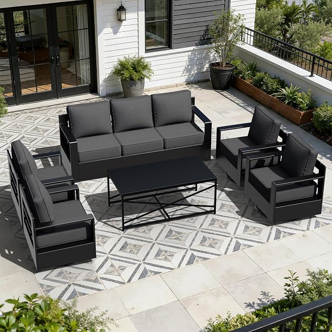 Outdoor Aluminum Furniture Set, 5-Piece Patio Conversation Set, 4 Swivel Chairs, 1 Sofa and 1 Table, All-Weather Metal Frame, 6" Thick Removable Cushions, Deep Setting for Garden, Porch