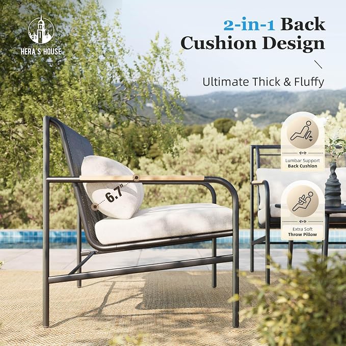 HERA'S HOUSE Patio Furniture Set, 4 Pieces Outdoor Furniture Set with 6.7'' Thick Cushions, All-Weather Patio Conversation Set with Coffee Table for Backyard, Poolside, Deck-Beige