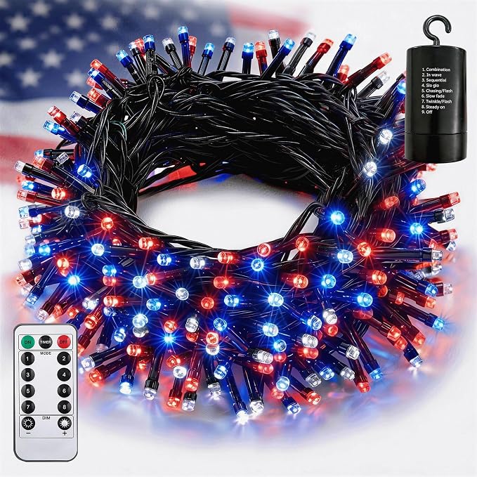 66ft 200LED Red White Blue Patriotic Lights for 4th of July Decoration Battery Fairy String Lights Indoor Outdoor Waterproof Remote Timer 8 Modes for Independence Day American Flag Holiday