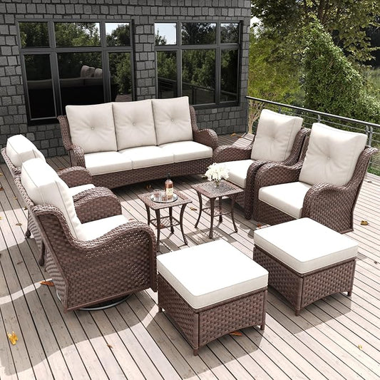 LayinSun 9 Pieces Outdoor Patio Furniture Set, Rattan Wicker Sectional Swivel Rocker Chairs Sets with Ottomans, Swivel Glider Chairs,Single Chairs and Coffee Table