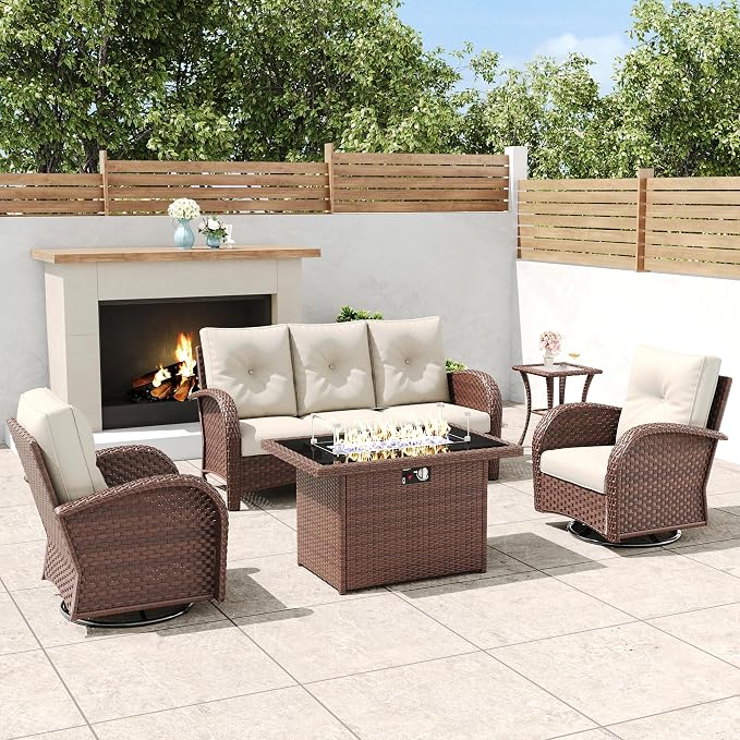 5 Pieces Outdoor Wicker Patio Swivel Rocking Chairs, All Weather Wicker Conversation Set with 44" Fire Pit Table