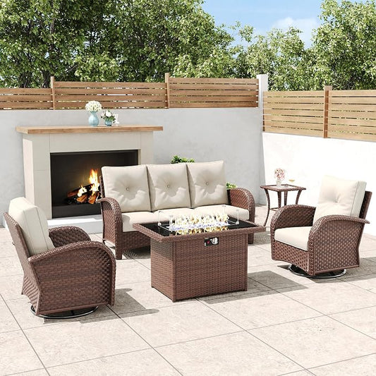 5 Pieces Outdoor Wicker Patio Swivel Rocking Chairs, All Weather Wicker Conversation Set with 44" Fire Pit Table