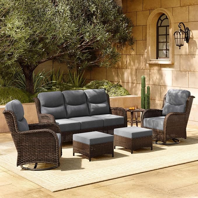 HILLGA 6-Piece Luxury Patio Furniture Set with 6" Thick Cushions, Weather-Resistant Wicker High Back Swivel Rocker Chairs, Senior-Friendly Outdoor Sofa Set for Large Deck, Yard and Poolside, Gray(V2)