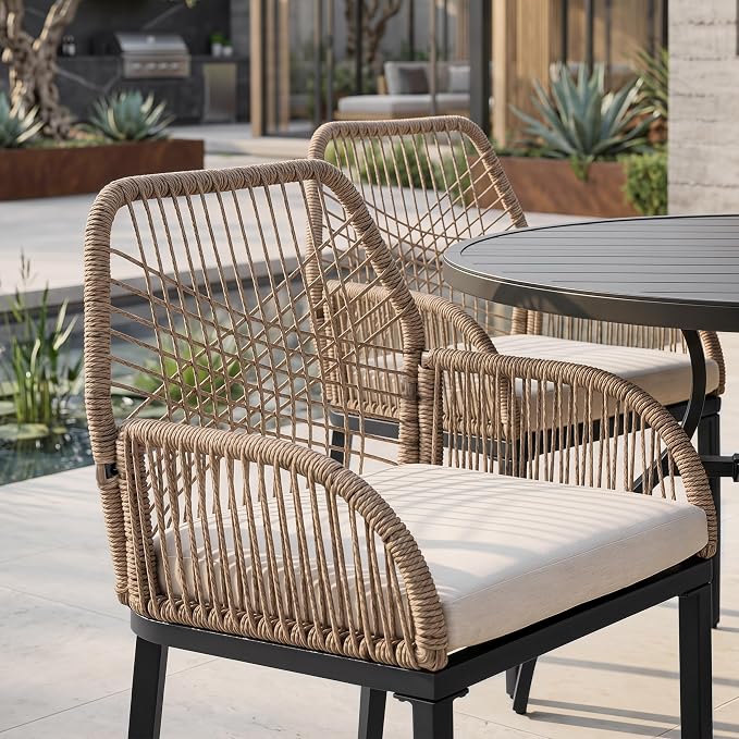 NUU GARDEN 5-Piece Outdoor Dining Set, Round Outdoor Table and Chairs for 4, All Weather Patio Furniture Set with Umbrella Hole, Handwoven Twisted Rattan Outdoor Chairs with Cushions, Brown and Black