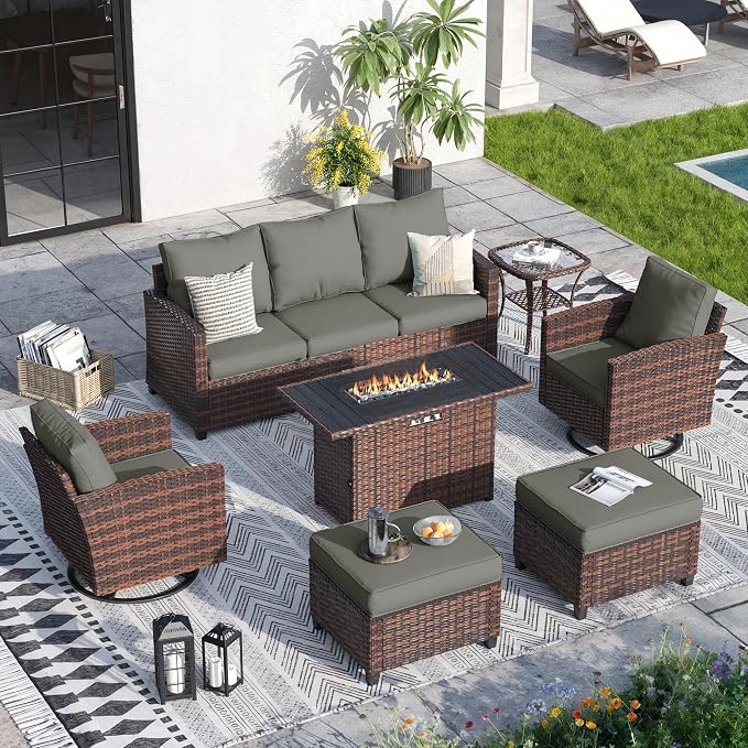 7 Pcs Outdoor Furniture with 44" Fire Pit Table, Rattan Patio Conversation Sets with Swivel Chair, Gas Fire Pit, Ottomans, Side Table, 4" Thick Cushion, for Backyard Garden Deck,Dark Grey