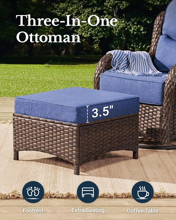 HILLGA Luxury Outdoor Patio Furniture Set with 6-Inch Thick Cushions, High Back Wicker Swivel Rocker Chairs, 7 Pcs All Weather Conversation Set for Large Deck, Yard and Poolside, Blue (V3)